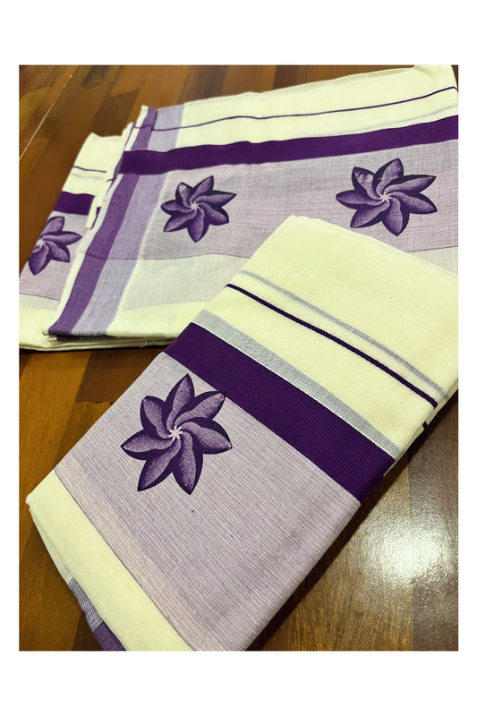 Kerala Cotton Single Set Mundu (Mundum Neriyathum) with Violet Floral Block Prints on Border