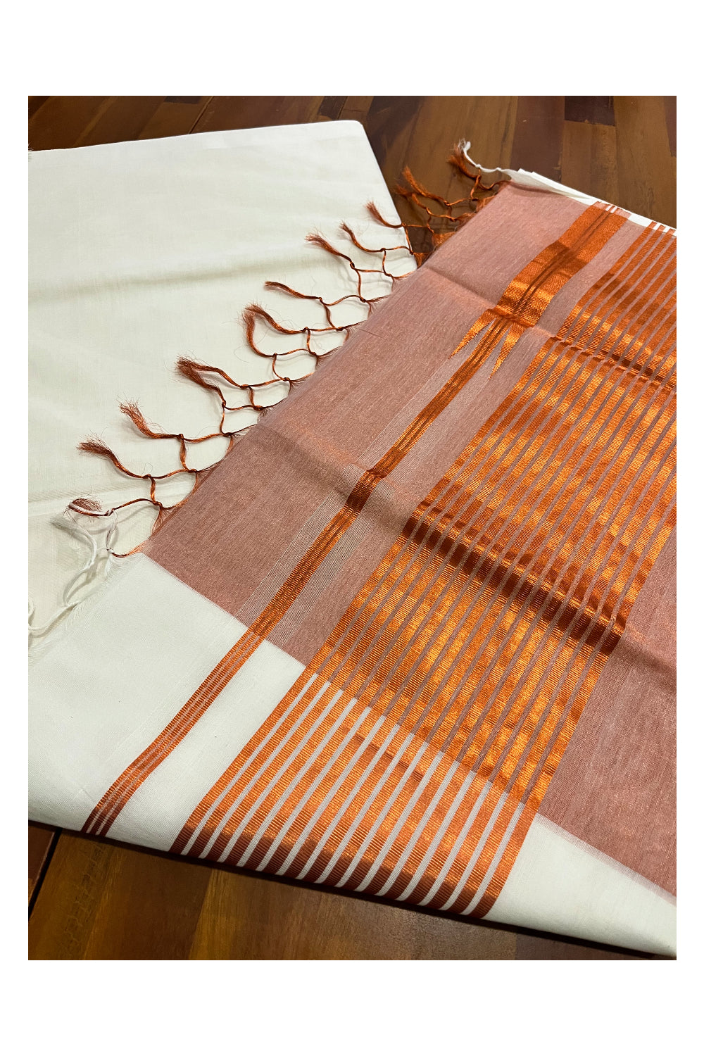 Southloom™ Premium Handloom Half & Half (Cotton / Tissue) Kerala Saree with Copper Kasavu Pallu