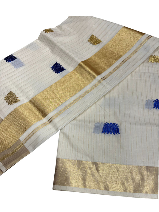 Southloom Kerala Cotton Kasavu Line Saree with Blue Lotus Embroidery Works
