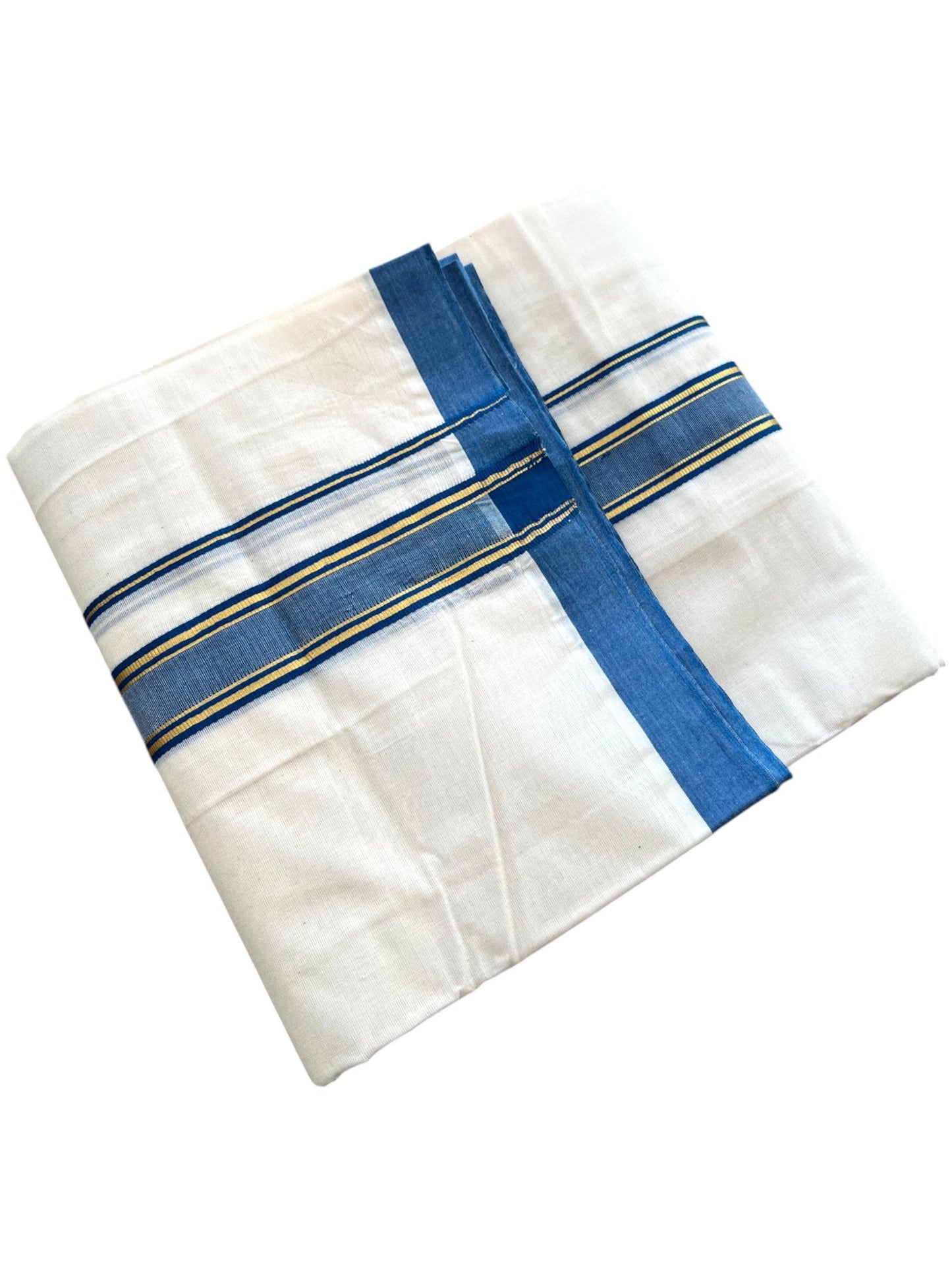 Southloom Pure Cotton Mundu with Golden Lines and Blue Border (South Indian Kerala Dhoti)