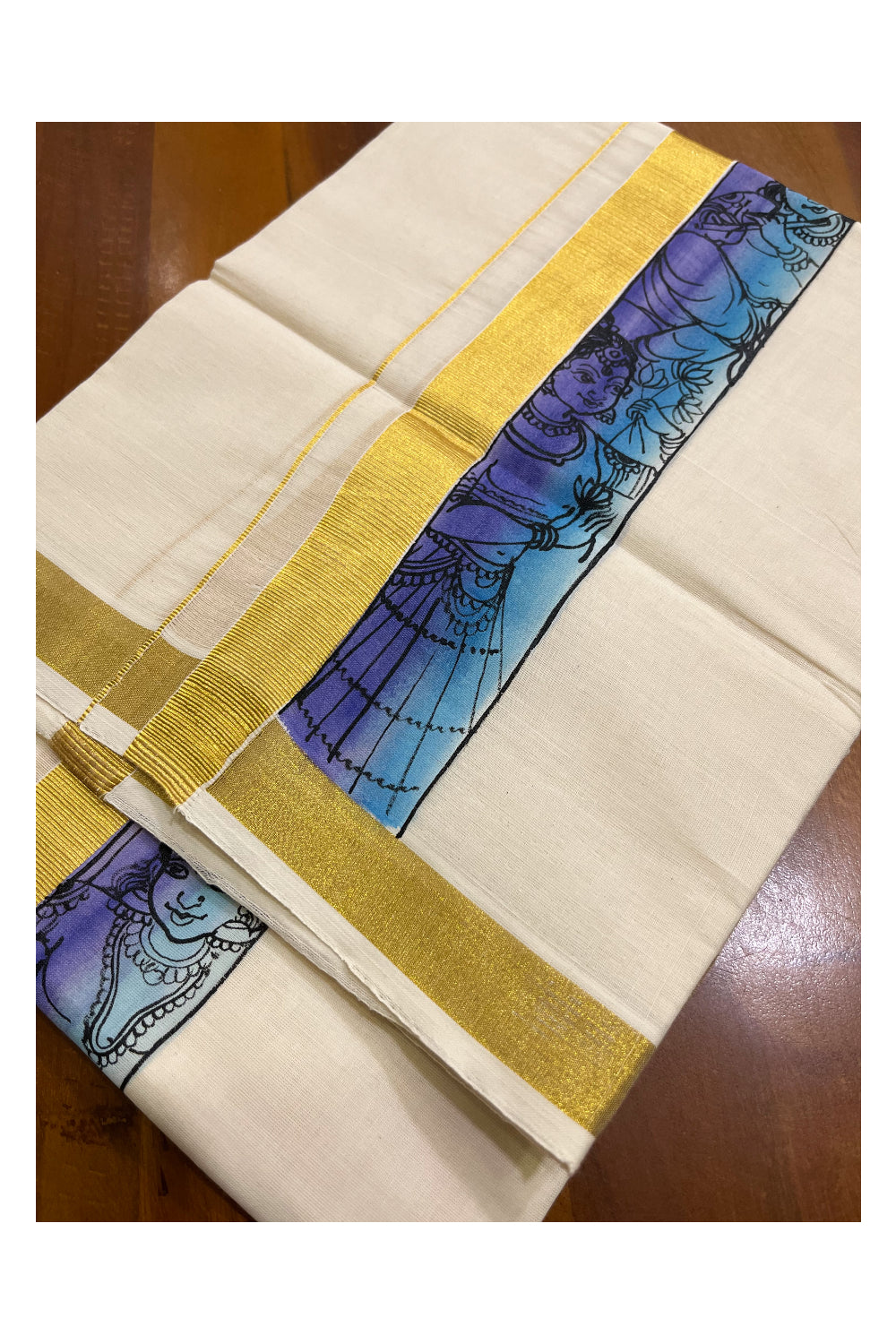 Kerala Pure Cotton Double Mundu with Mural Hand Painted Design on Kasavu Border (South Indian Kerala Dhoti)