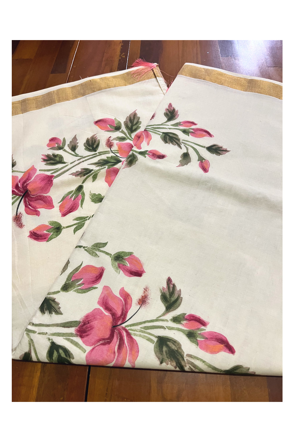 Kerala Cotton Kasavu Saree with Floral Painted Designs