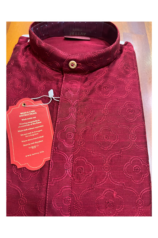 Southloom Maroon Embroidered Semi Silk Short Kurta for Men