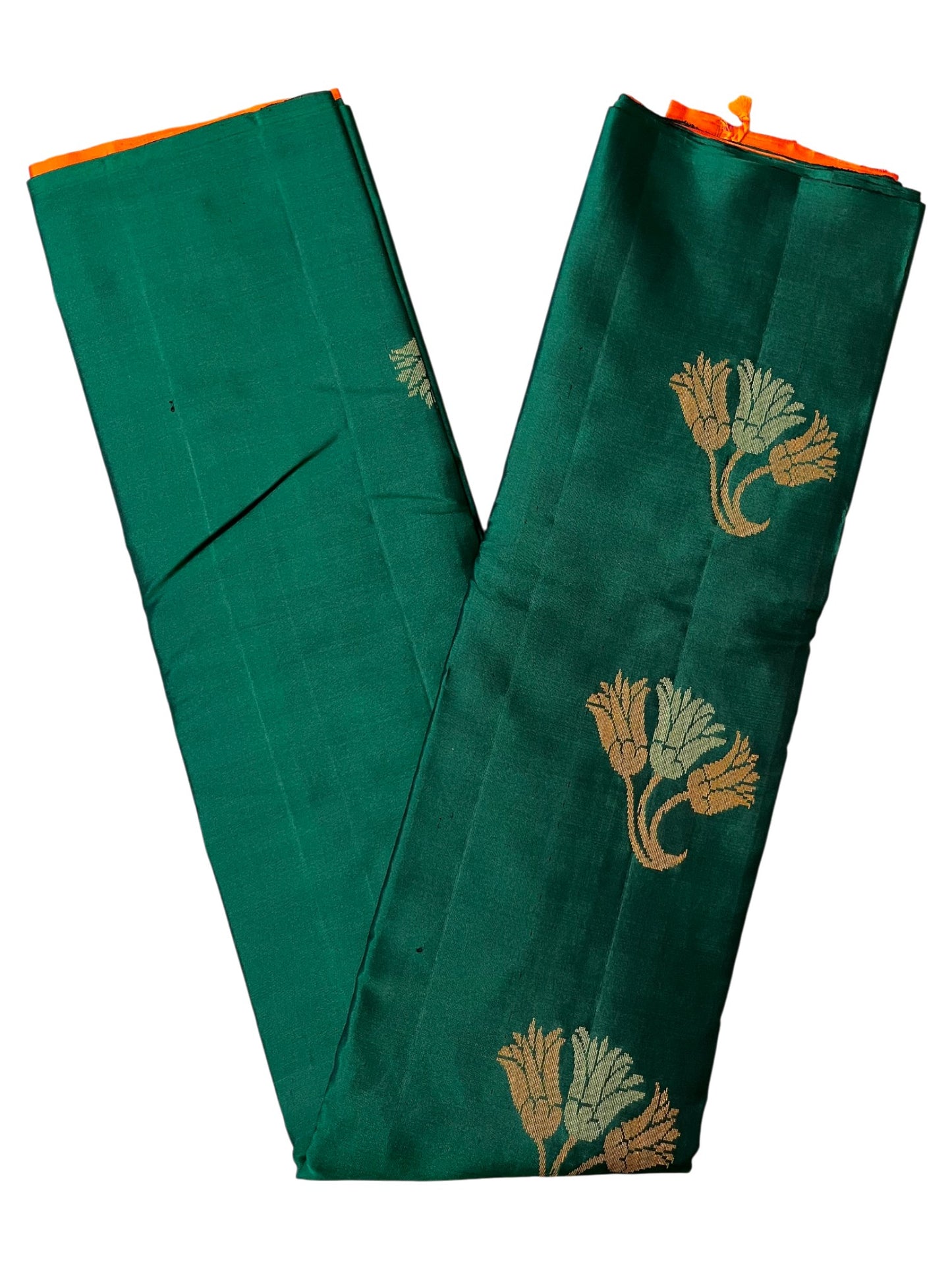 Southloom Pure Handloom Bridal Kanchipuram Silk Saree with Korvai Work (Green & Orange)