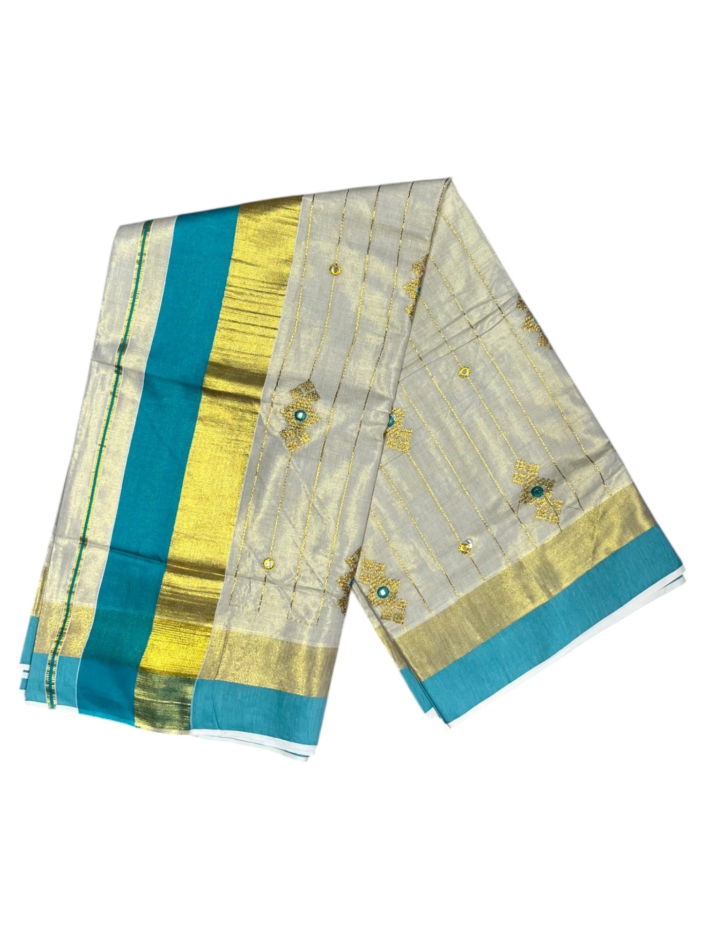 Southloom Kerala Tissue Kasavu Lines Saree with Golden And Turquoise Embroidery Works