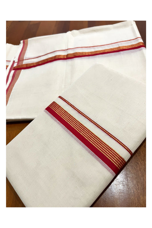 Kerala Pure Cotton Set Mundu Single (Mundum Neriyathum) with Red and Kasavu Border