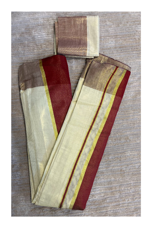 Southloom Tissue  Ready to Wear Kasavu Kerala Saree with Maroon Kara and Blouse Piece