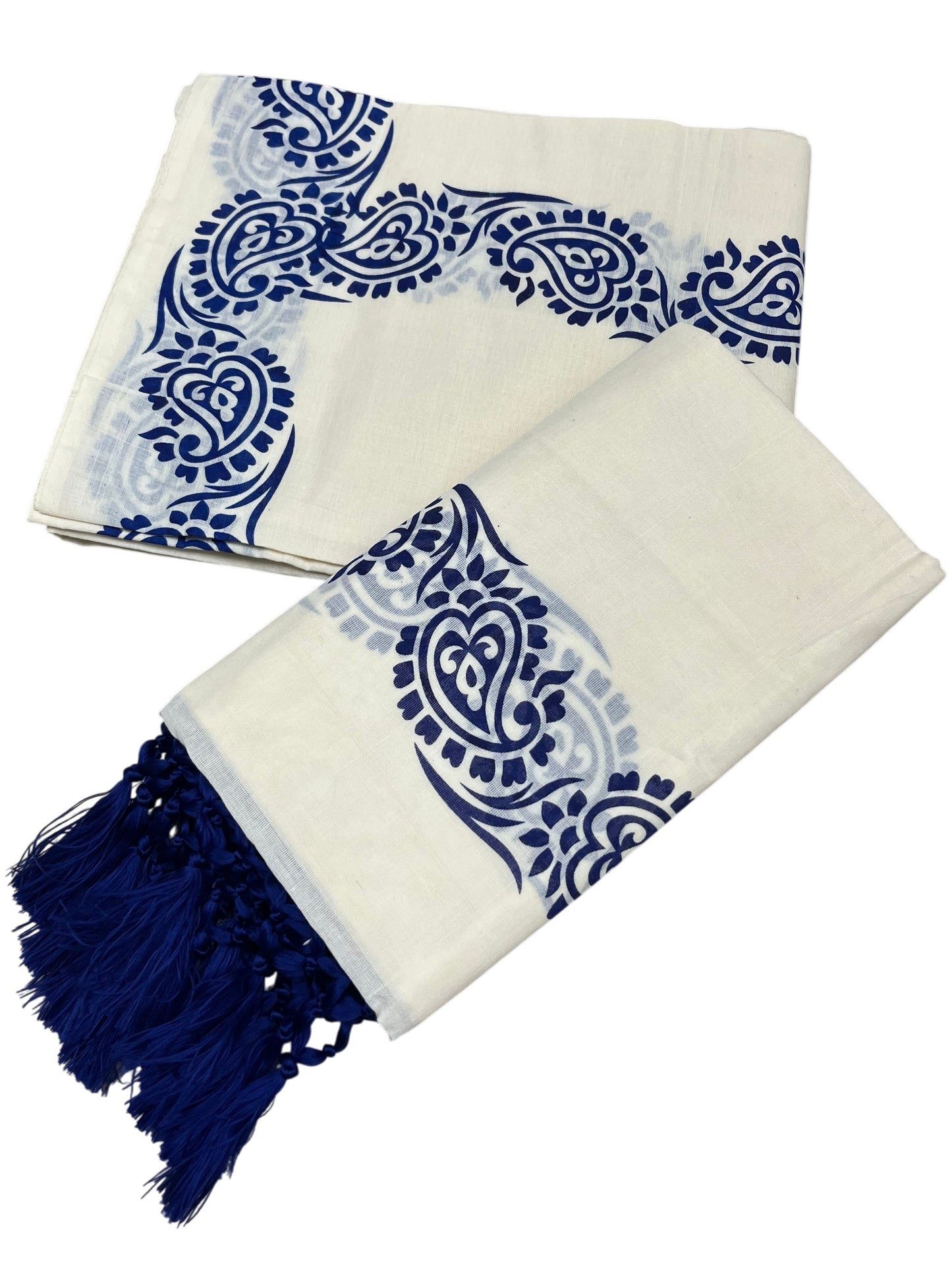 Southloom Cotton Single Set Mundu (Mundu Neriyathum) Blue Printed Border With Tussles in 2.80 Mtrs