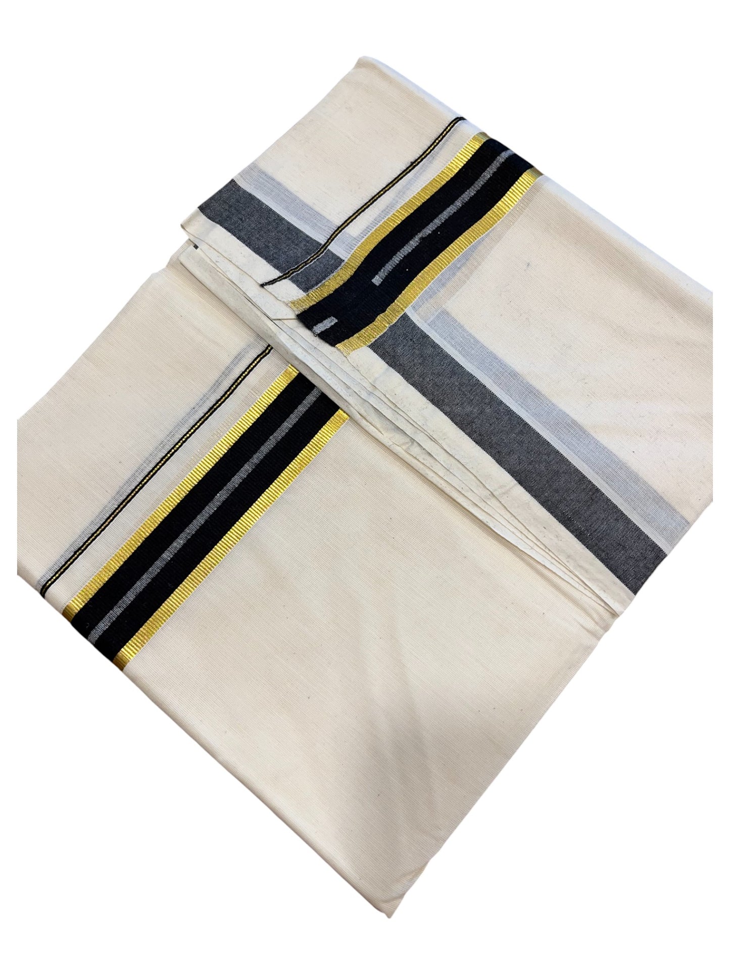 Southloom Pure Cotton  Double Mundu With Gold Kasavu & Black Colour Border (South Indian Kerala Dhoti)