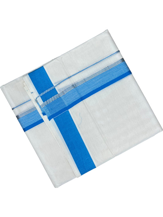 Southloom Pure Cotton Mundu with Silver Lines and Blue Border (South Indian Kerala Dhoti)