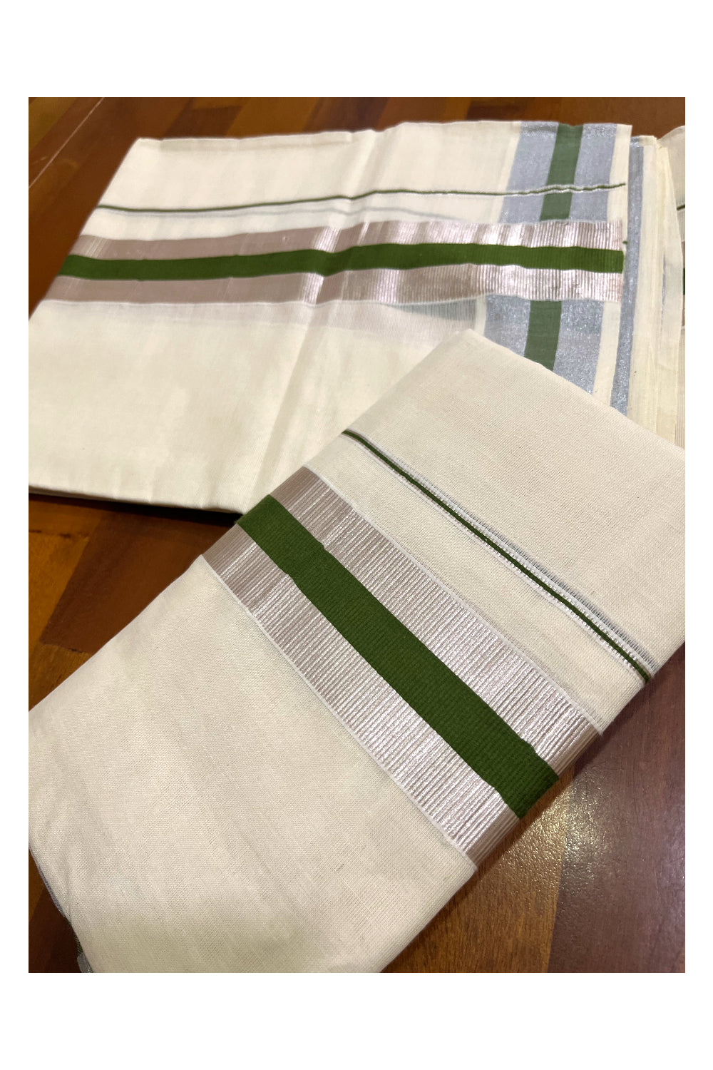 Kerala Cotton Mundum Neriyathum Single (Set Mundu) with Olive Green and Silver Kasavu Border 2.80 Mtrs