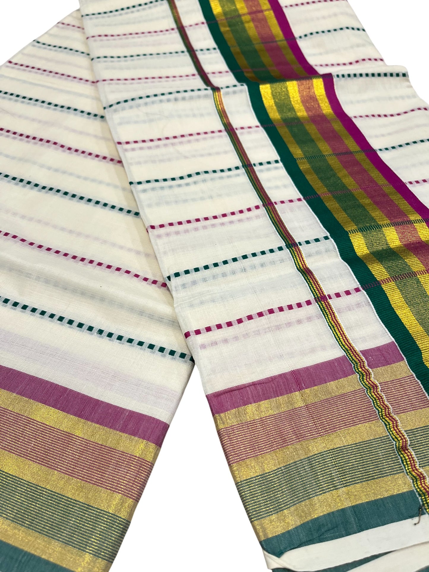 Southloom Cotton Kasavu Saree with Magenta and Green Thread Work Across Body