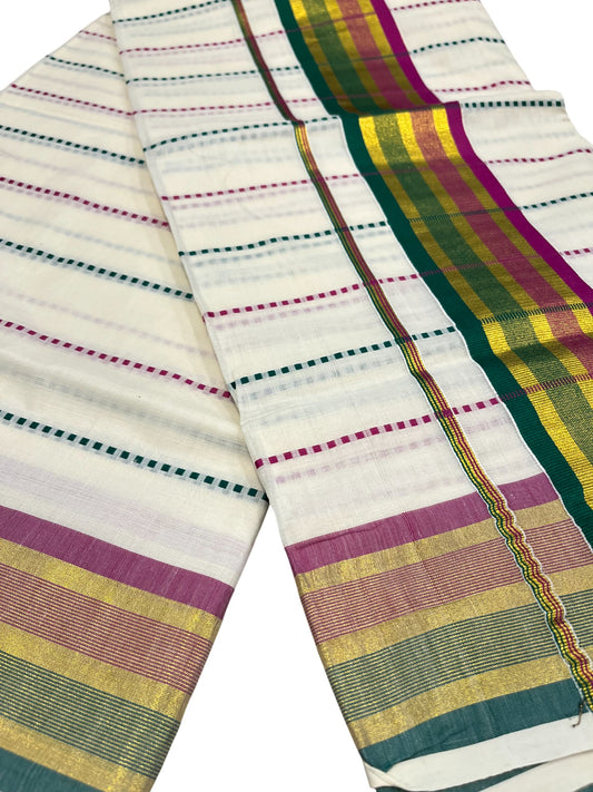 Southloom Cotton Kasavu Saree with Magenta and Green Thread Work Across Body