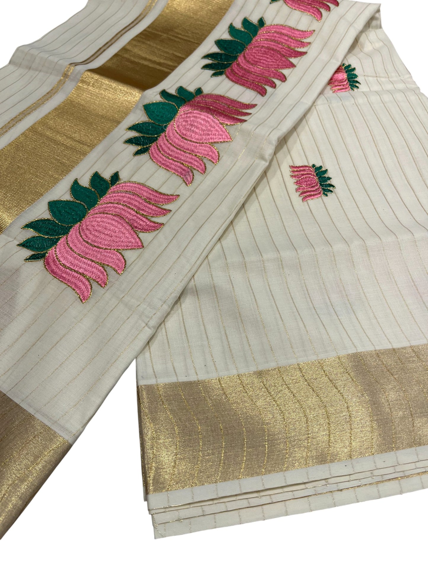 Southloom Kerala Cotton Kasavu Line Saree with Pink Lotus Embroidery Works