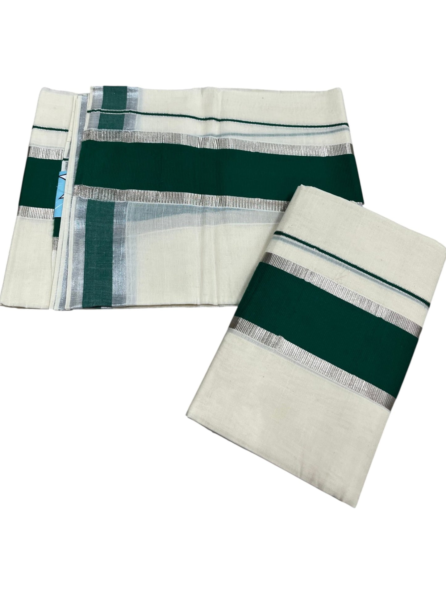 Kerala Cotton Mundum Neriyathum Single (Set Mundu) with Light Green and Silver Kasavu Border 2.80 Mtrs  SLKK SL470