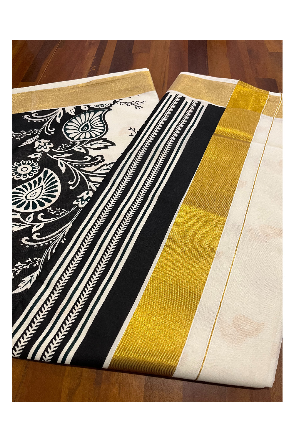 Kerala Cotton Saree with Black Block Prints on Pallu and Golden Block Prints on Body