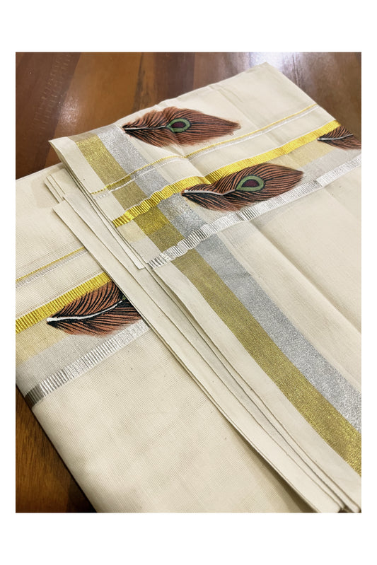 Off White Kerala Cotton Double Mundu with Feather Hand Painted Designs on Silver and Golden Kasavu Border (Vishu 2024 Collection)