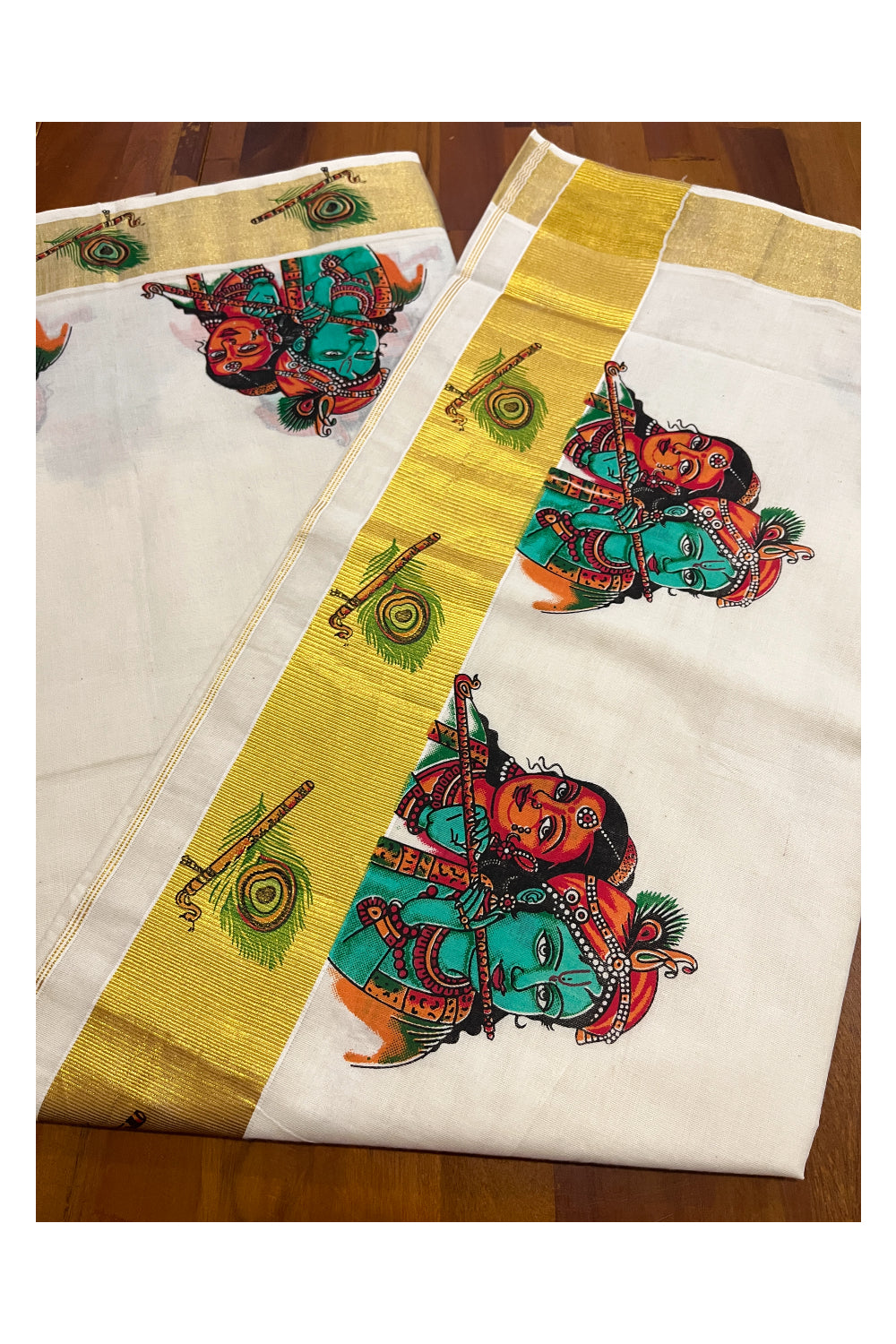 Pure Cotton Kerala Kasavu Saree with Mural Printed Krishna Radha and Feather Design