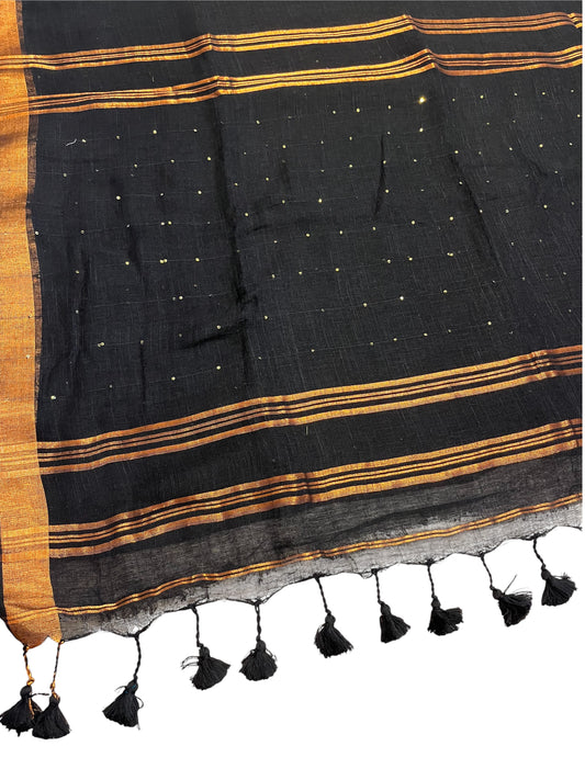 Southloom Mul Cotton 120 x 120 Soft Fabric Onam Saree in Blackwith Sequins Work