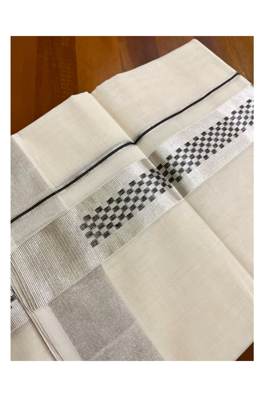 Southloom Premium Handloom Pure Cotton Mundu with Silver and Black Kasavu Woven Border