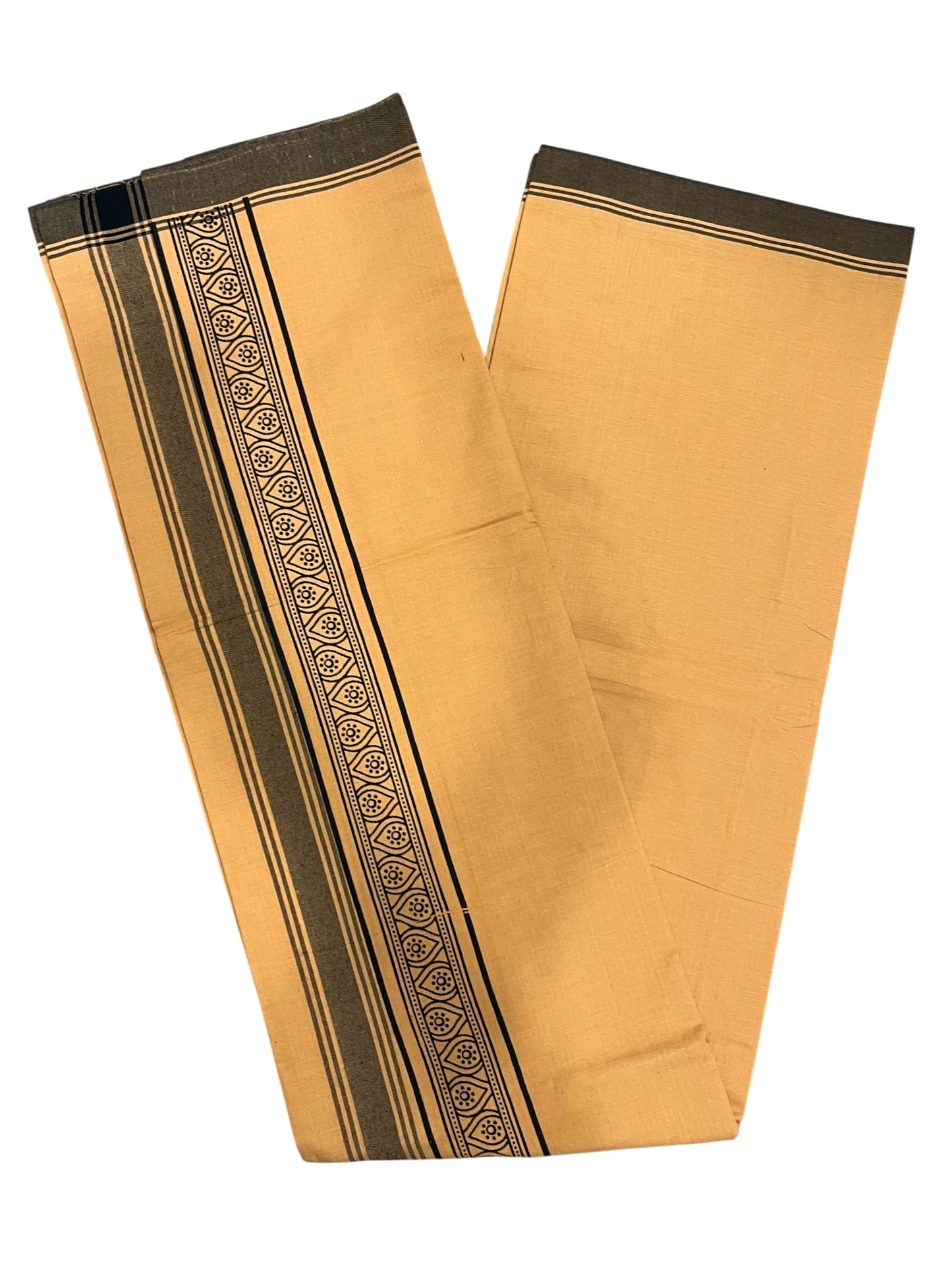 Southloom Saffron (Kaavi) Black Printed Single Mundu / Lungi (South Indian Kerala Dhoti)