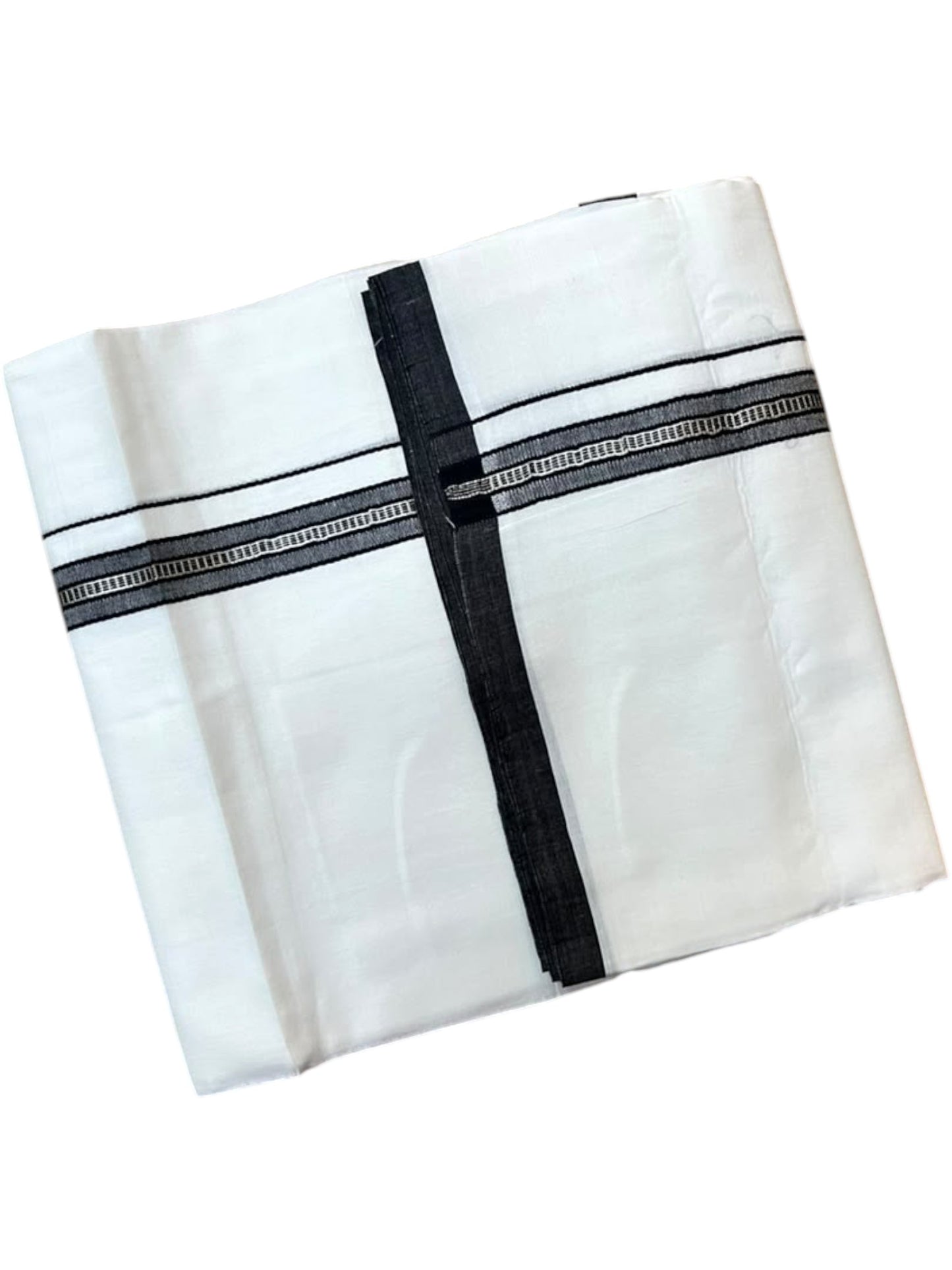 Southloom Pure White Cotton Mundu with Black & Silver Line Border (South Indian Kerala Dhoti)