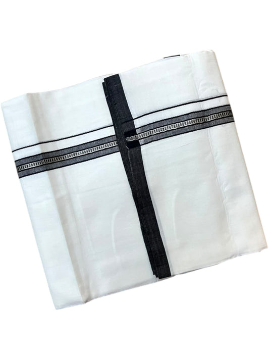 Southloom Pure White Cotton Mundu with Black & Silver Line Border (South Indian Kerala Dhoti)