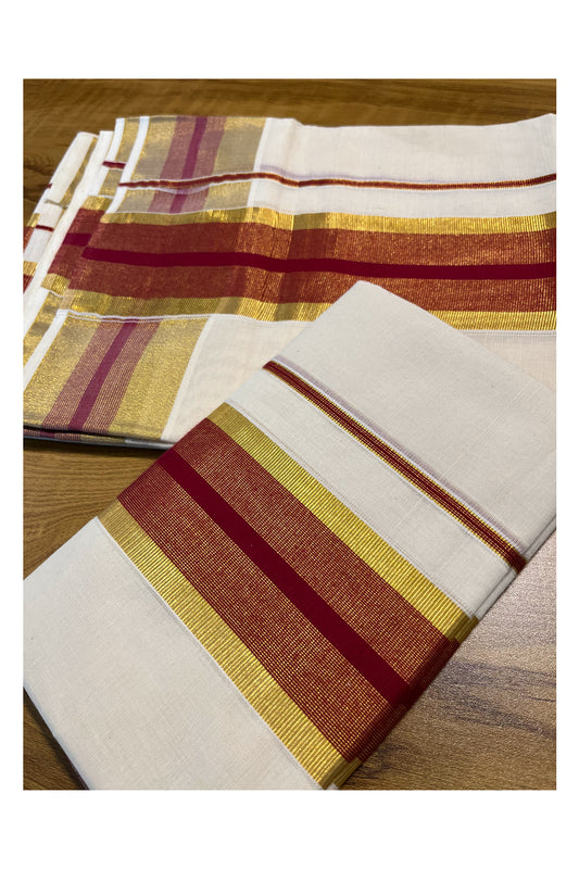 Kerala Cotton Set Mundu (Mundum Neriyathum) with Maroon and Kasavu Border 2.80 Mtrs