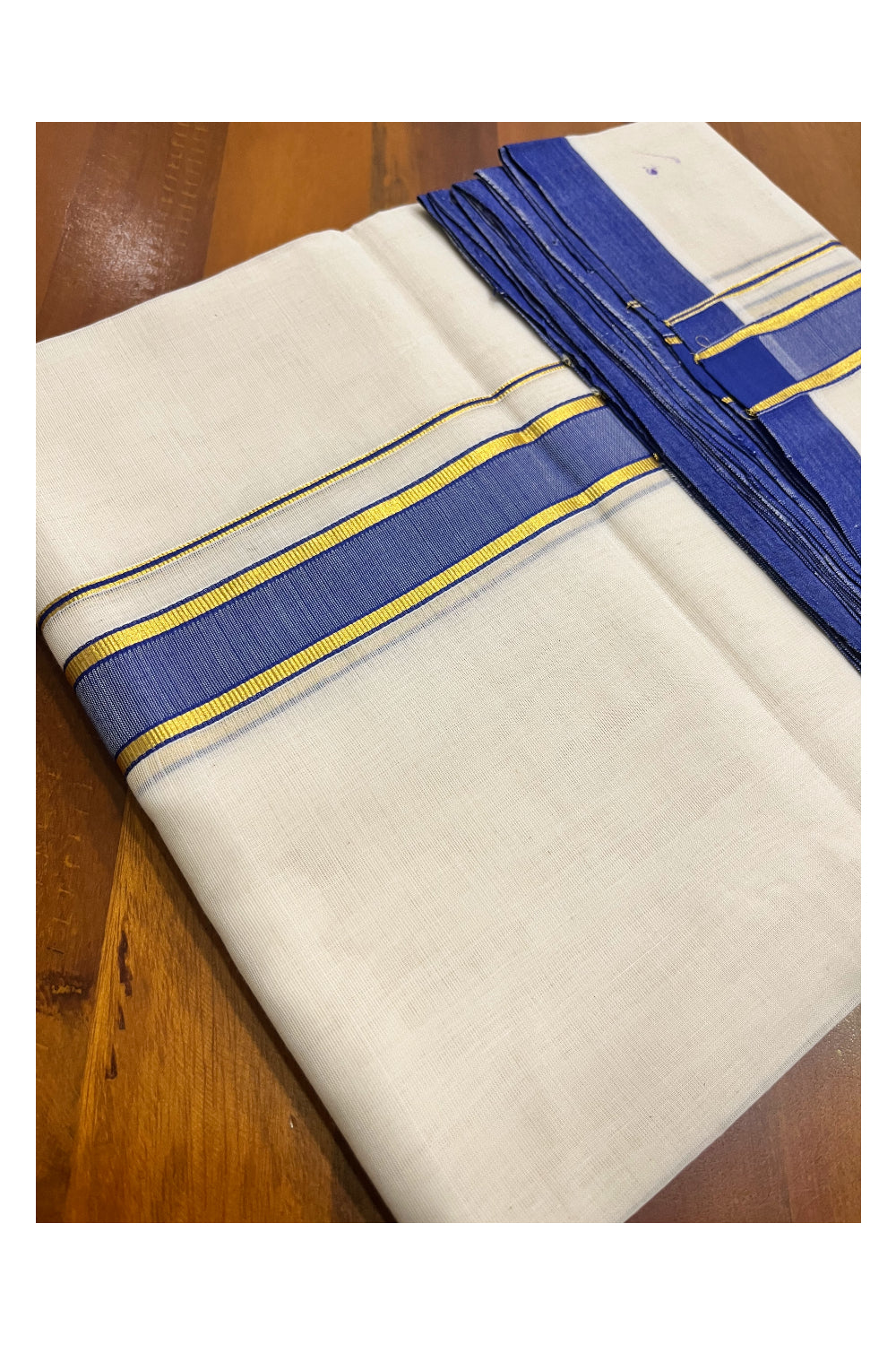 Premium Balaramapuram Handloom Unakkupaavu Cotton Double Mundu with Blue and Kasavu Border (Vishu 2024 Collection)