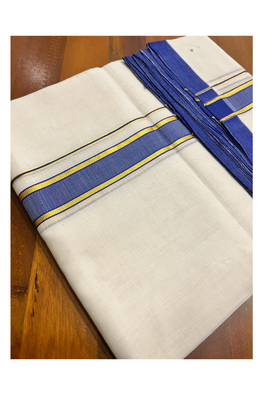 Premium Balaramapuram Handloom Unakkupaavu Cotton Double Mundu with Blue and Kasavu Border (Vishu 2024 Collection)