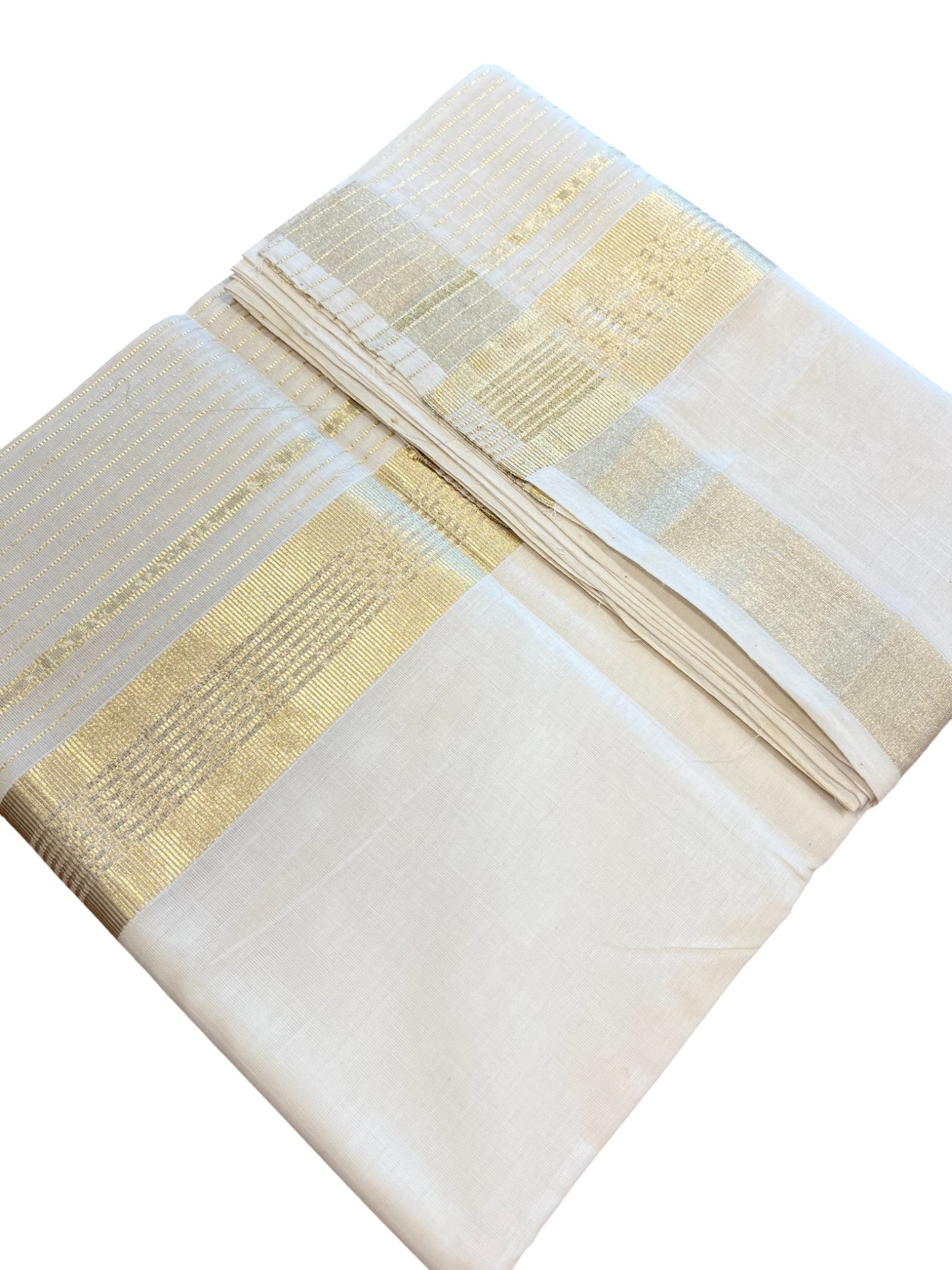 Southloom Premium Handloom Cotton Gold Kasavu Double Mundu with Stripes on Kara