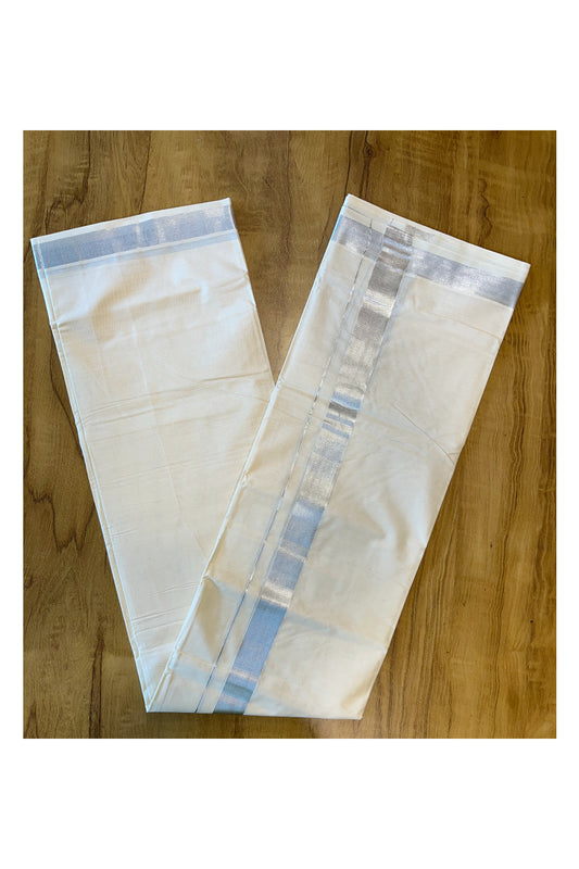 Pure Cotton Mundu with Silver Lines and Silver Border (South Indian Kerala Dhoti)