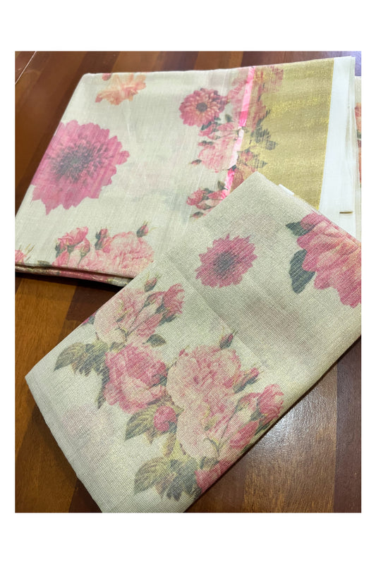 Kerala Tissue Digital Print Single Set Mundu (Mundum Neriyathum) with Pink Floral Design