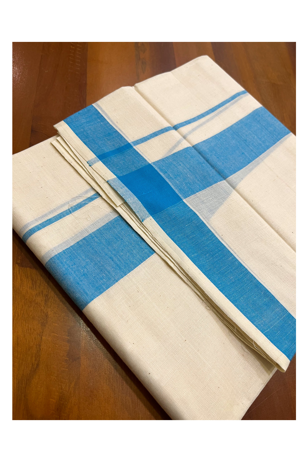 Kerala Pure Cotton Double Mundu with Blue Kara (South Indian Kerala Dhoti)