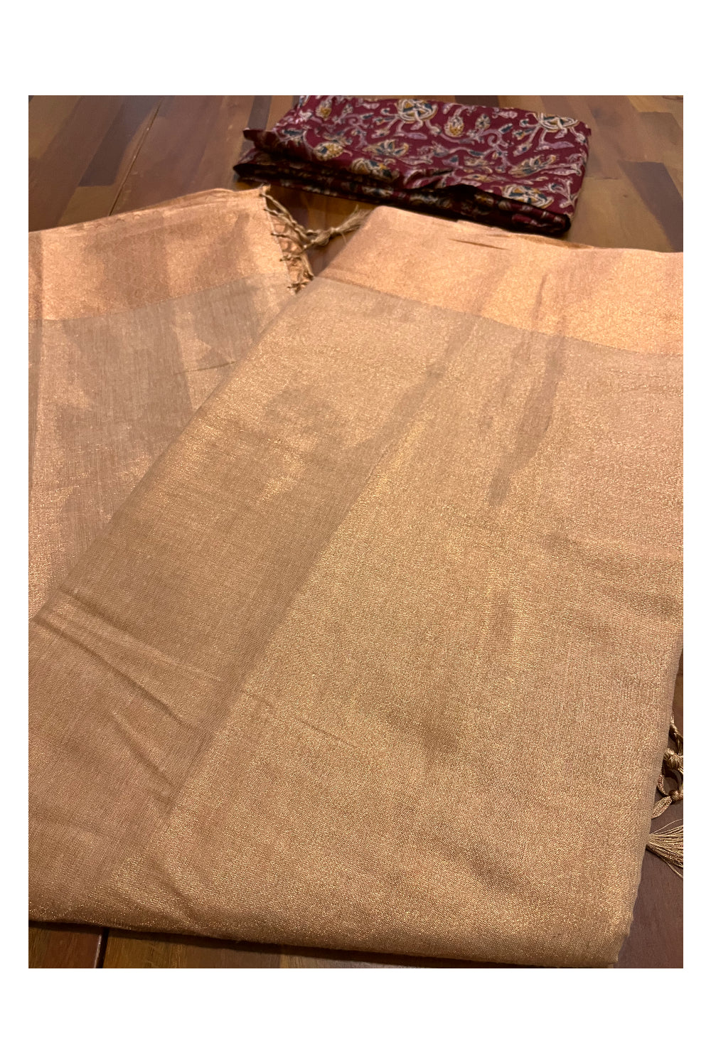 Southloom Brown Tissue Plain Saree with Kalamkari Printed Blouse Piece