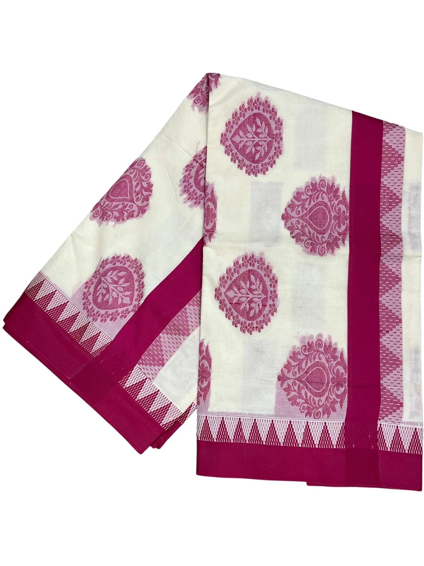 Southloom Pure Cotton Kerala Saree with Magenta Heavy Woven Designs and Temple Border