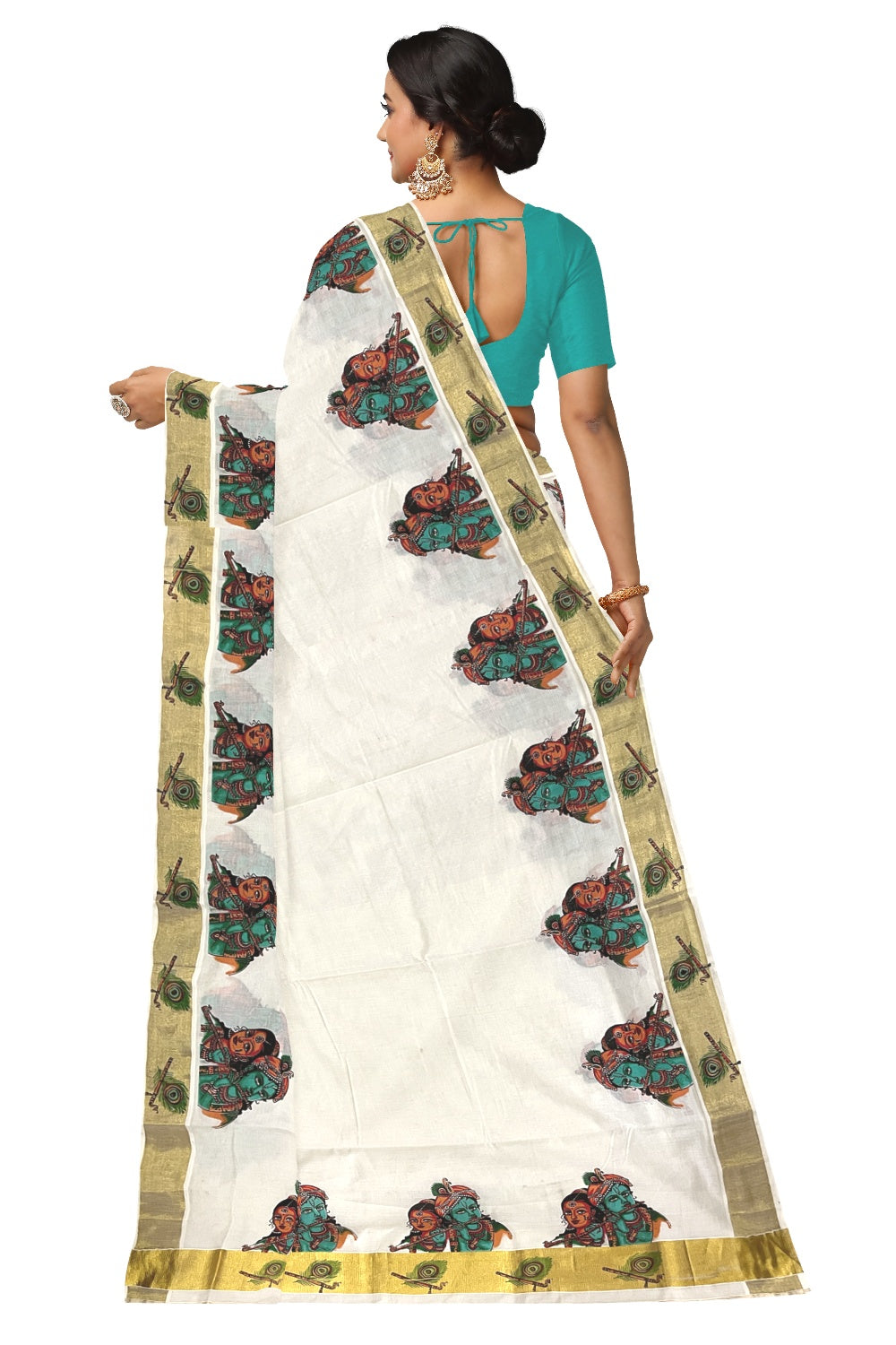 Pure Cotton Kerala Kasavu Saree with Mural Printed Krishna Radha and Feather Design