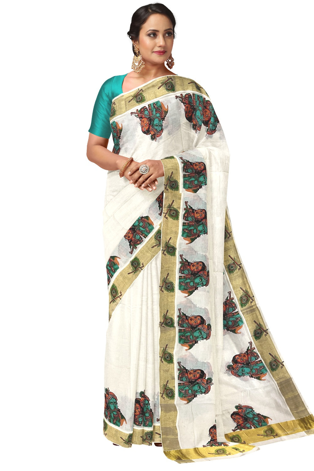 Pure Cotton Kerala Kasavu Saree with Mural Printed Krishna Radha and Feather Design