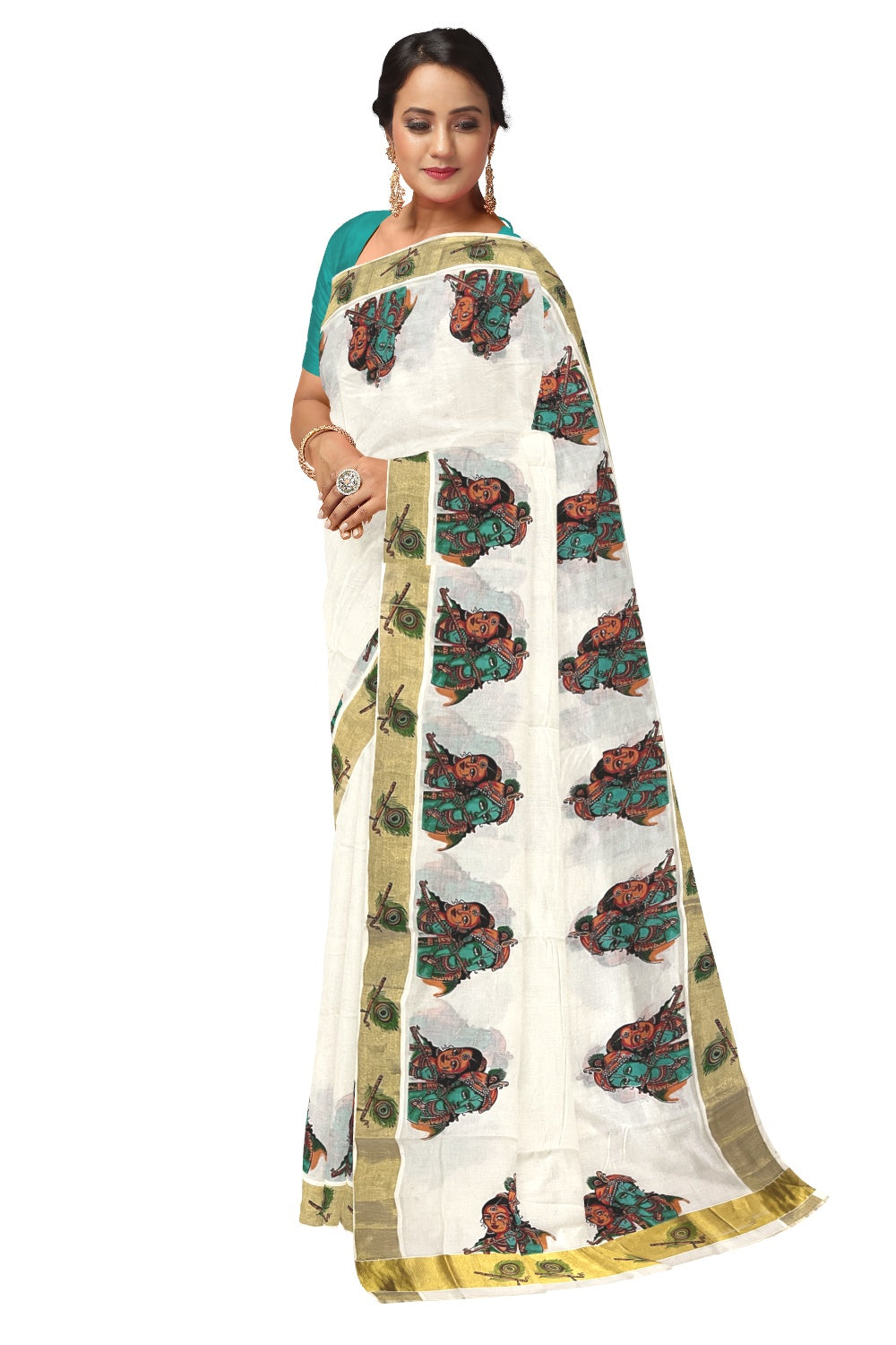 Pure Cotton Kerala Kasavu Saree with Mural Printed Krishna Radha and Feather Design