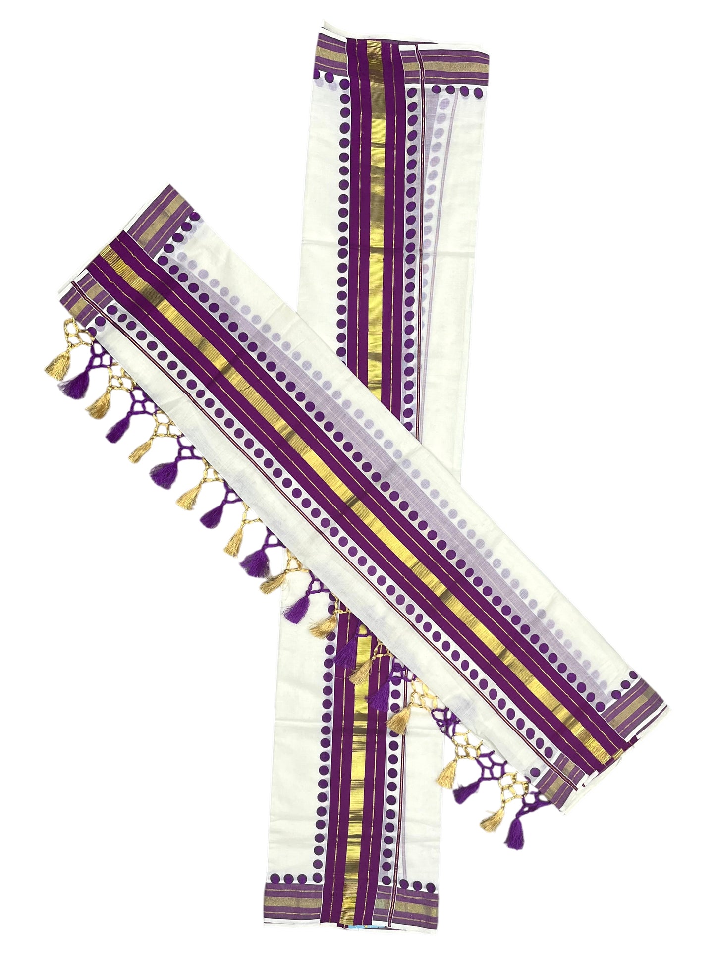 Southloom Kerala Cotton Kasavu Single Set Mundu (Mundum Neriyathum) with Magenta Border With Polka Dots SLKK