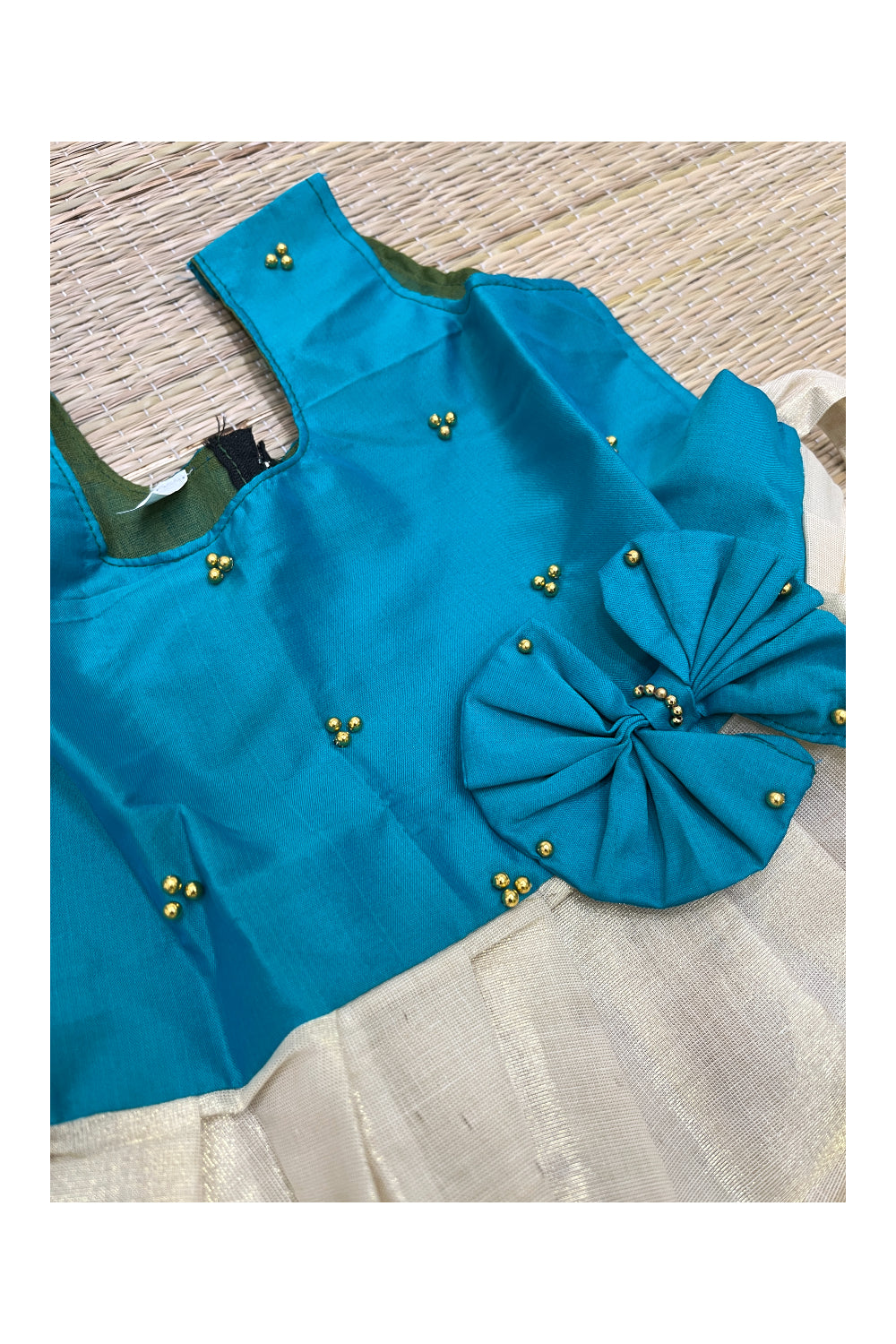 Southloom Kerala Tissue Frock with Green Bead Work Designs for Kids (3 Years)