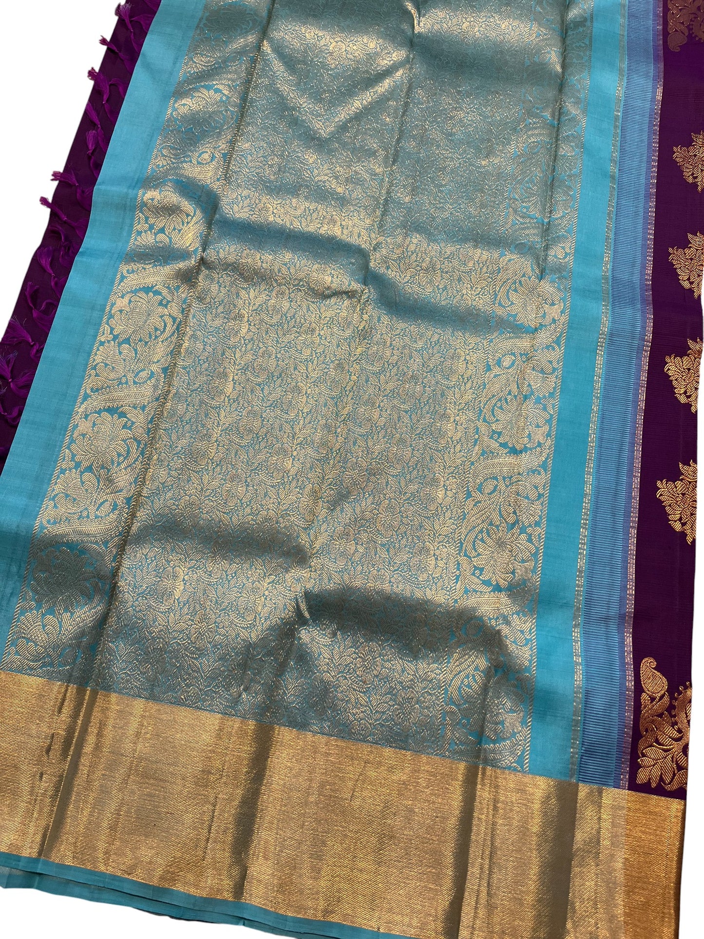 Southloom Pure Handloom Kanchipuram Silk Saree with Korvai Work(Gold & Violet)