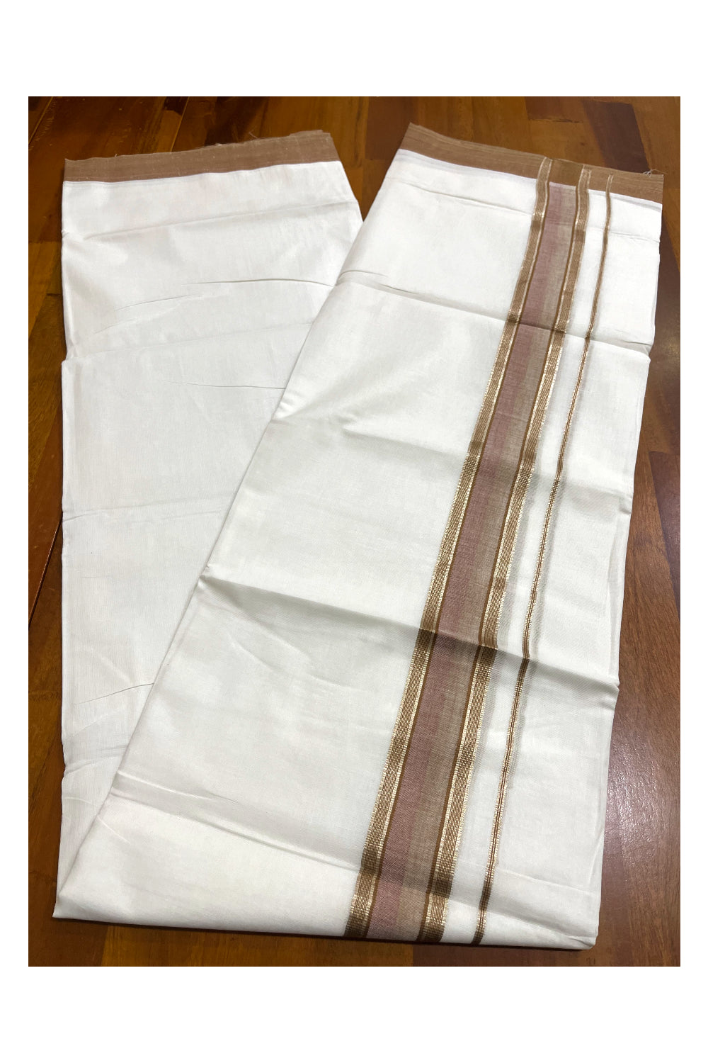 Pure White Cotton Kerala Double Mundu with Brown and Silver Kasavu Border (South Indian Kerala Dhoti)