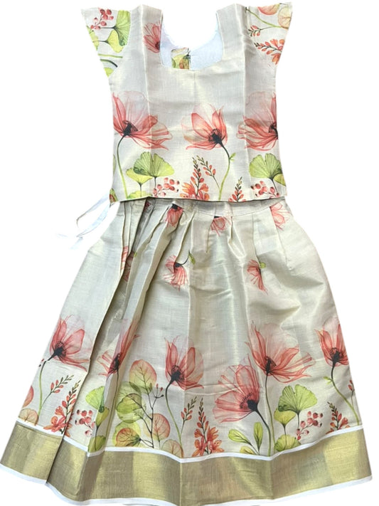 Southloom Kerala Tissue Kasavu  Digital Floral Printed Pavada & Blouse with for Kids SL604