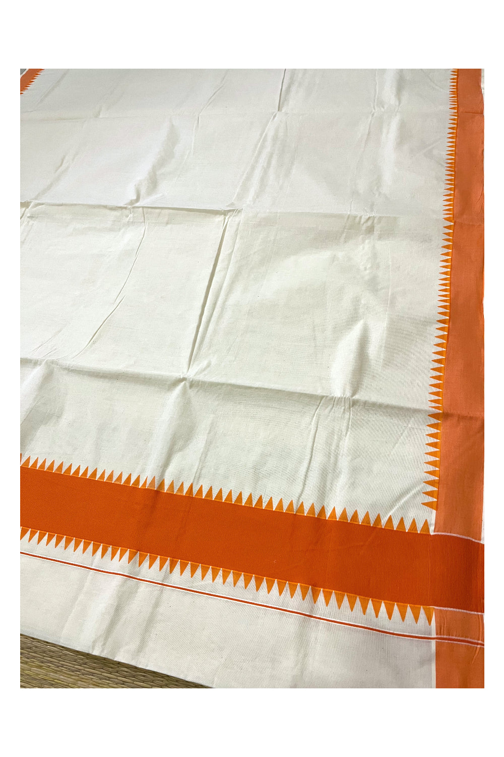 Kerala Pure Cotton Saree with Orange Temple Block Prints on Border