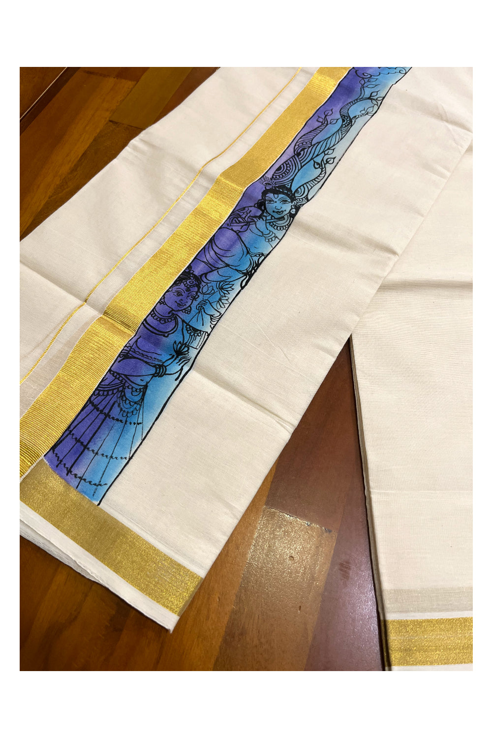 Kerala Pure Cotton Double Mundu with Mural Hand Painted Design on Kasavu Border (South Indian Kerala Dhoti)