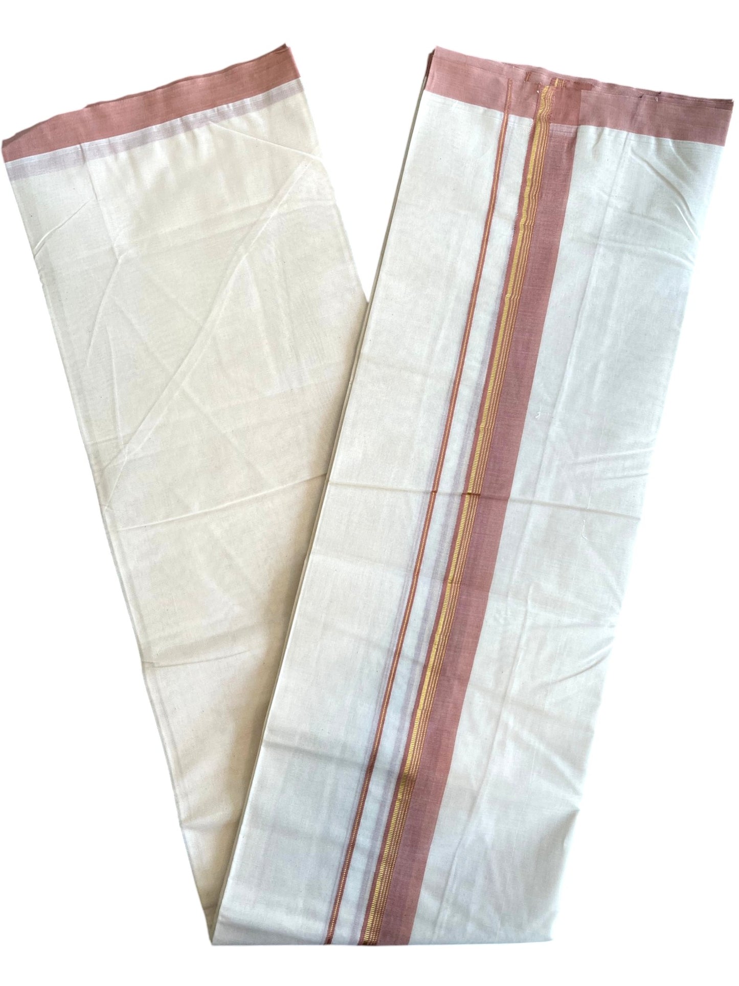 Southloom Pure Cotton Mundu with Golden Lines and Peach Border (South Indian Kerala Dhoti)