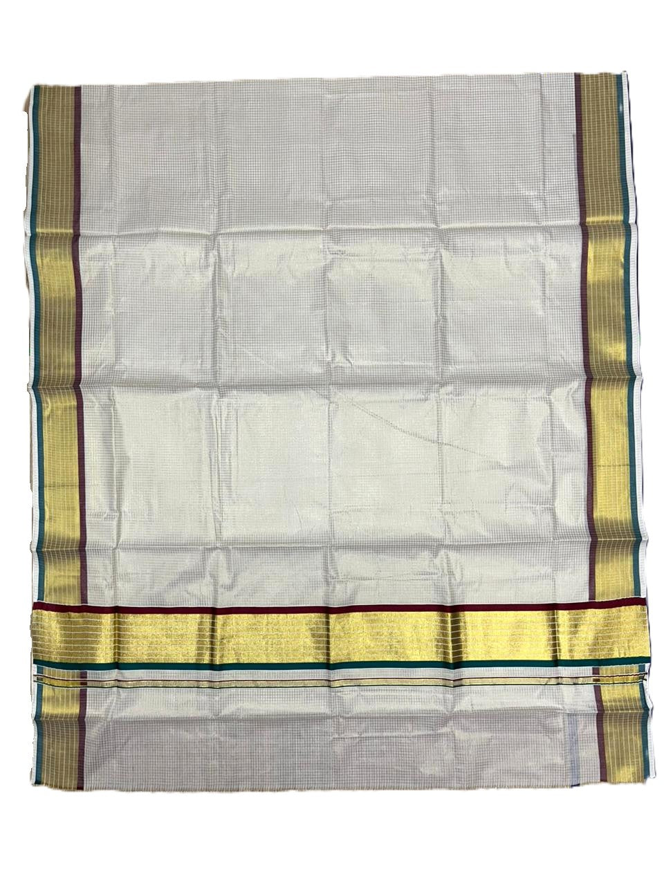 Southloom Kerala Cotton Kasavu Saree with Micro Check Design on Body in Peacock Green & Maroon Border SL451
