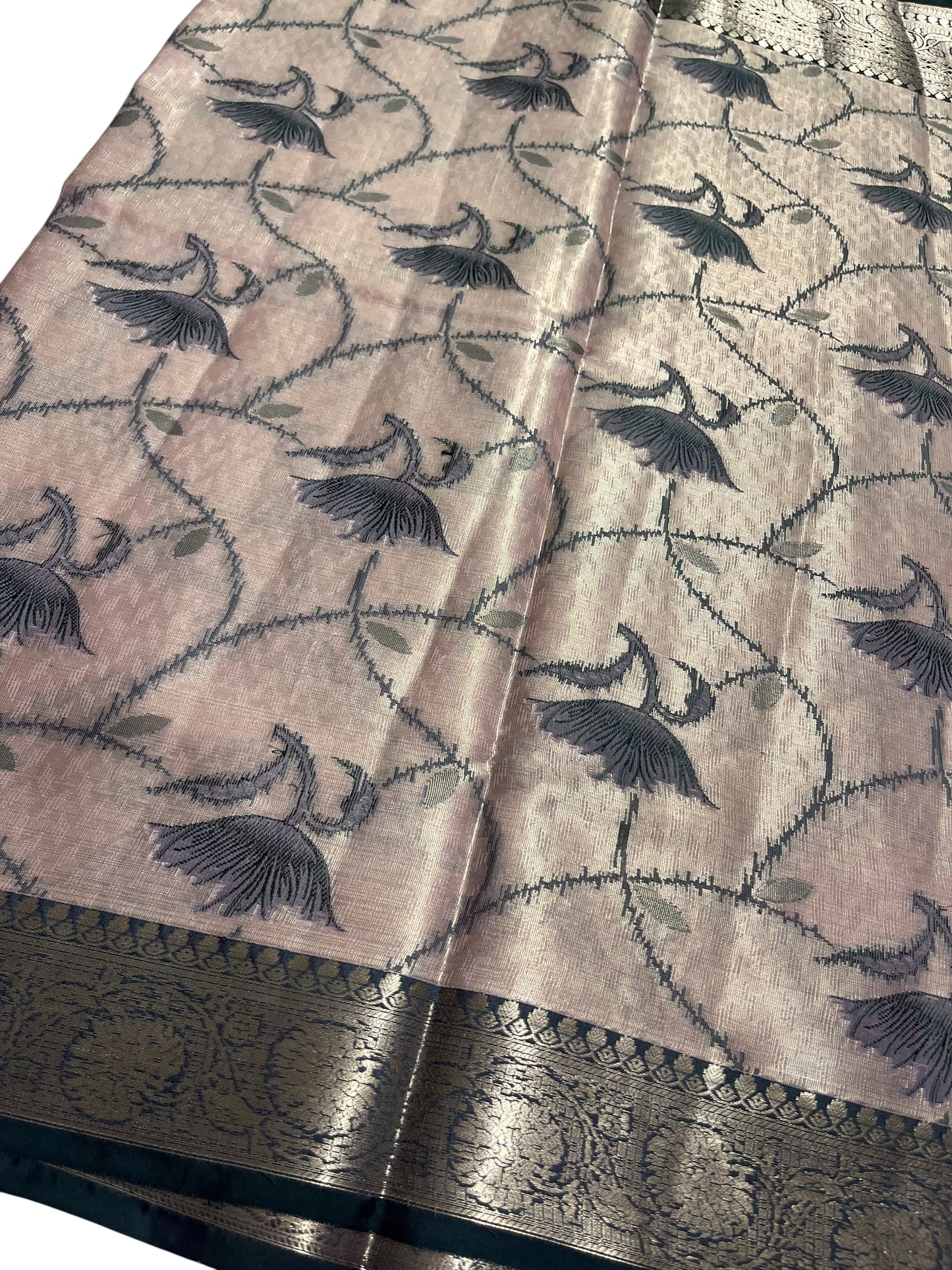 Southloom Tissue Silk Saree with Woven Work on Body and Borders (Pink & Green)