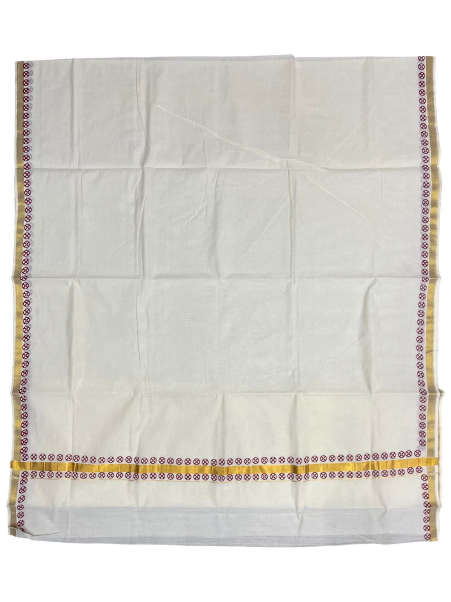 Southloom Cotton Kerala Kasavu Saree with Block Printed Design on Borders and Kara in Maroon